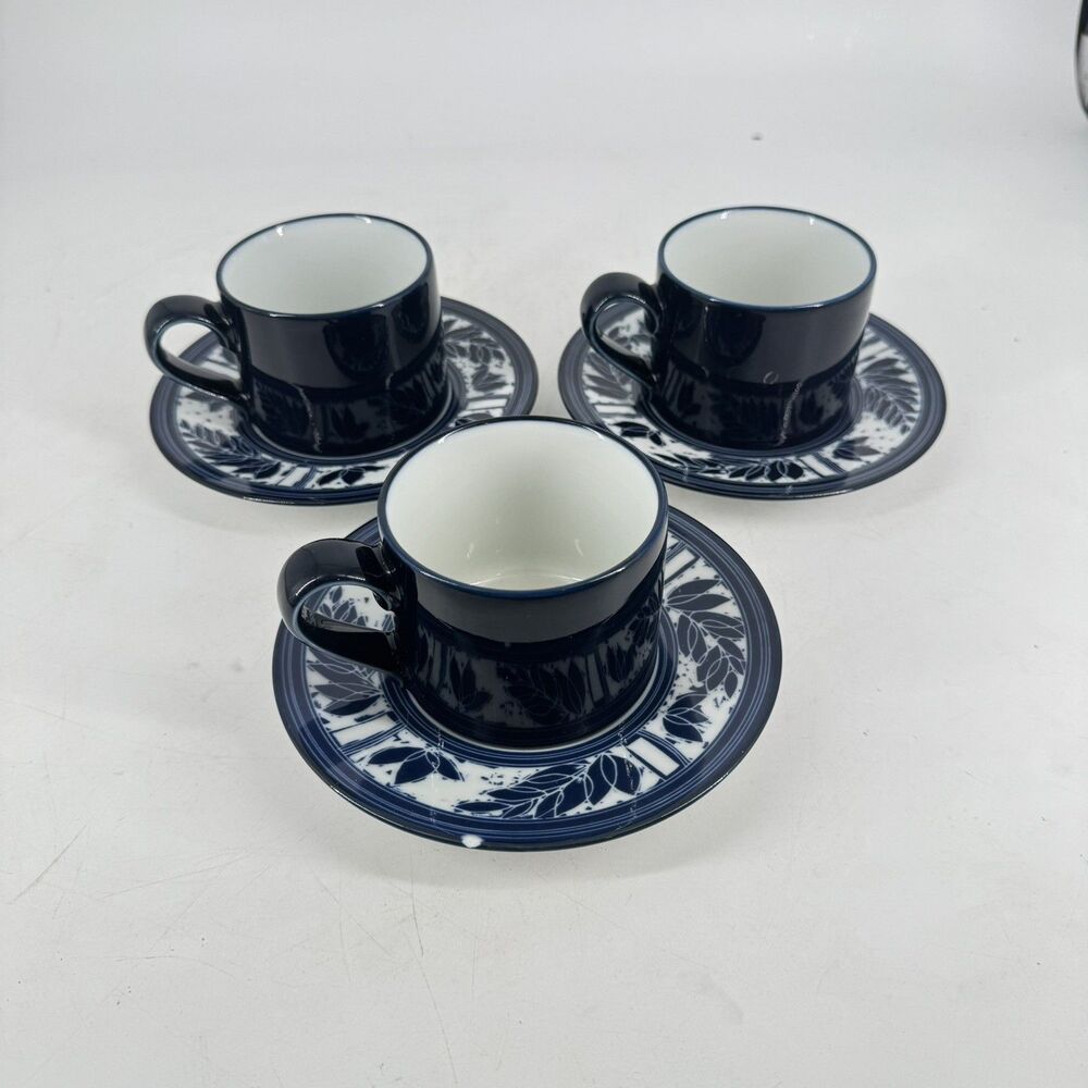 Dansk Ceylon Cups & Saucers Set of 3 Blue White KW/NR Japan Vintage